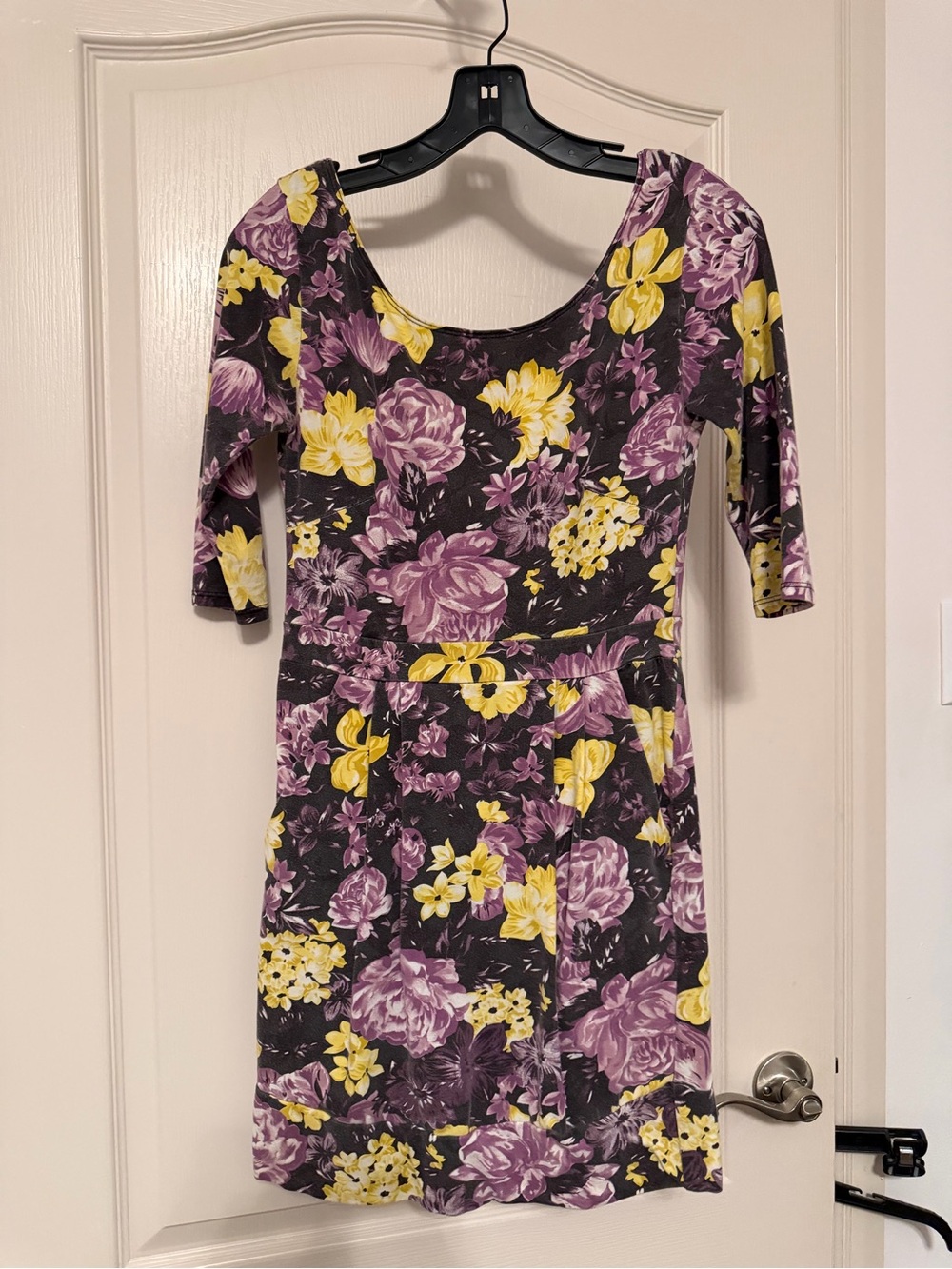 Floral Scoop-Neck Long Sleeve Dress in Black, Purple & Yellow